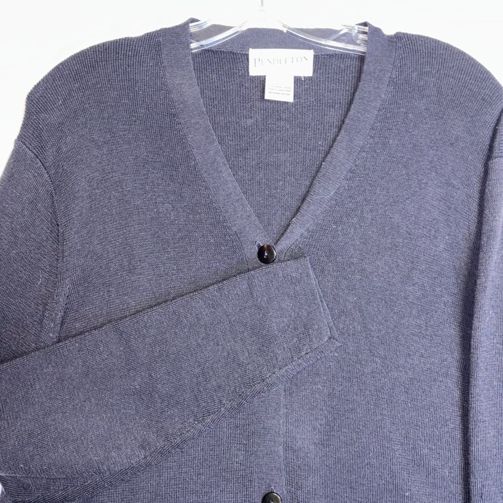 Pendleton Women XL Navy Blue 100% Merino Wool V-Neck Button Front Cardigan Pockt